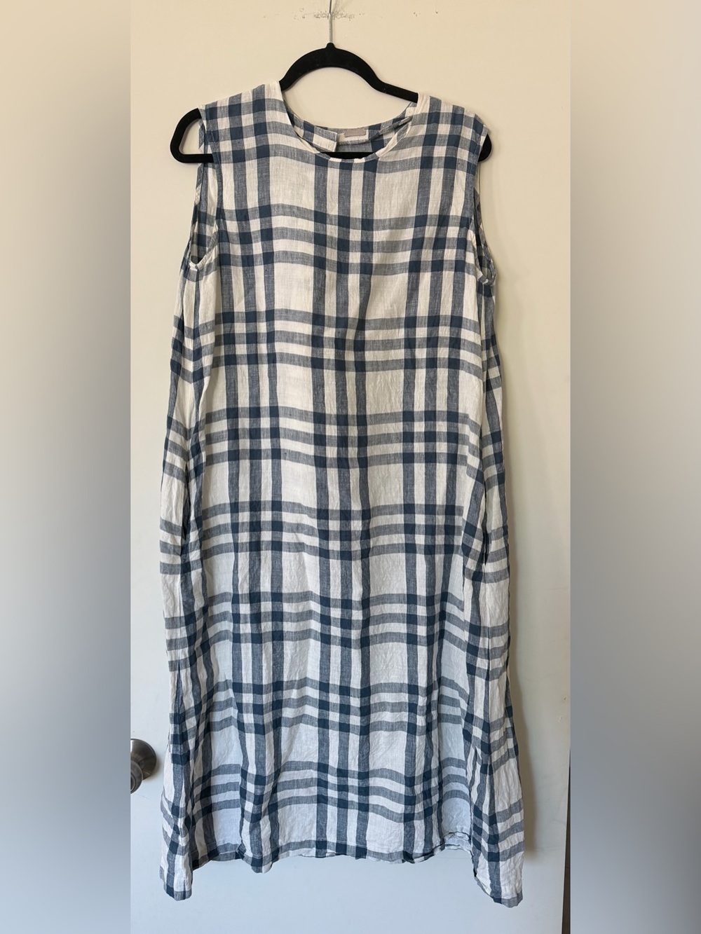 Makie Blue and White Plaid Sleeveless 100% Linen Dress